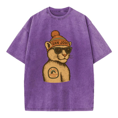 San Jose Mountain Lion wearing San Jose beanie with pom pom and wayfarer - Vintage T-shirt - Purple