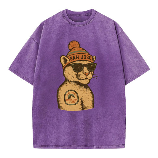 San Jose Mountain Lion wearing San Jose beanie with pom pom and wayfarer - Vintage T-shirt - Purple