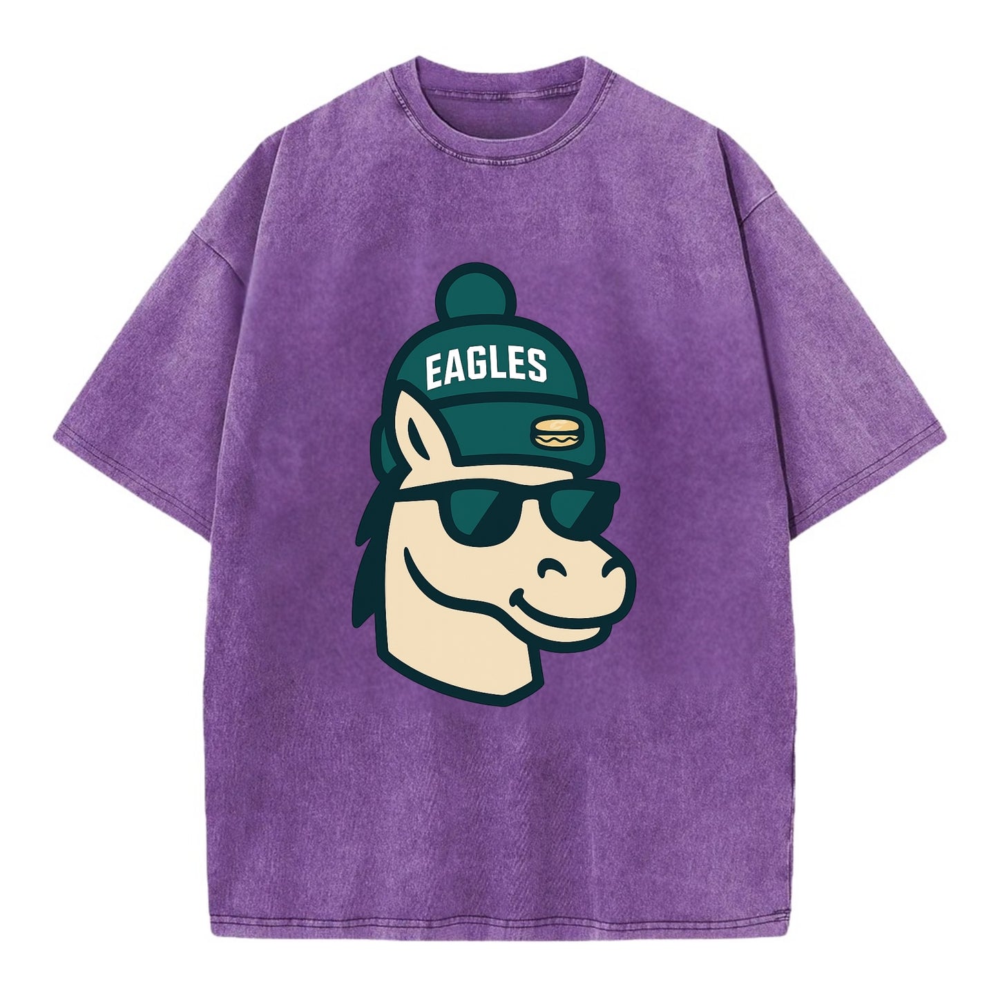 Philadelphia Horse wearing Eagles beanie with cheesesteak patch and wayfarer - Vintage T-shirt - Purple
