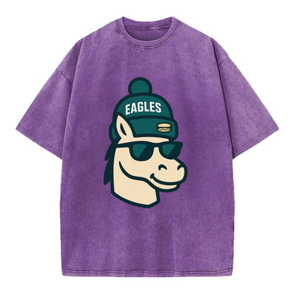 Philadelphia Horse wearing Eagles beanie with cheesesteak patch and wayfarer - Vintage T-shirt - Purple