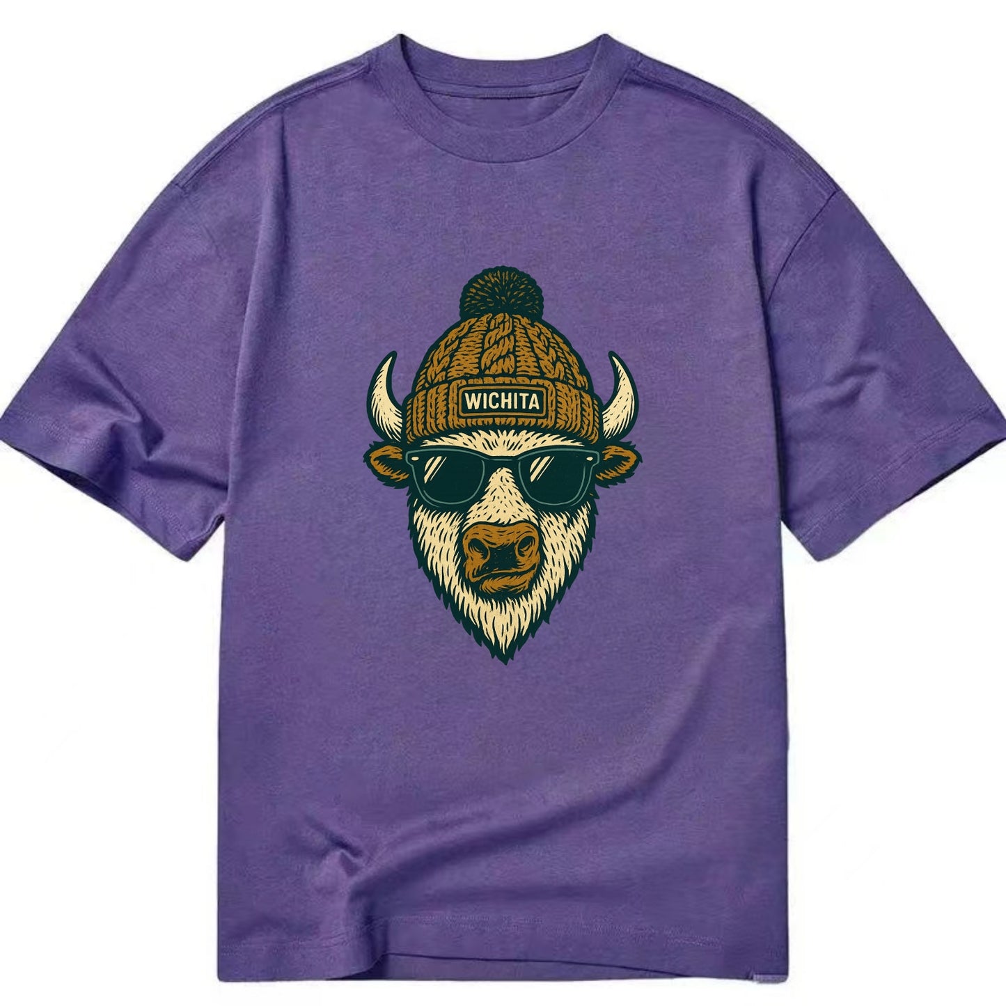 Kansas American Bison wearing Wichita beanie with pom pom and wayfarer sunglasses - Classic T-shirt - Purple