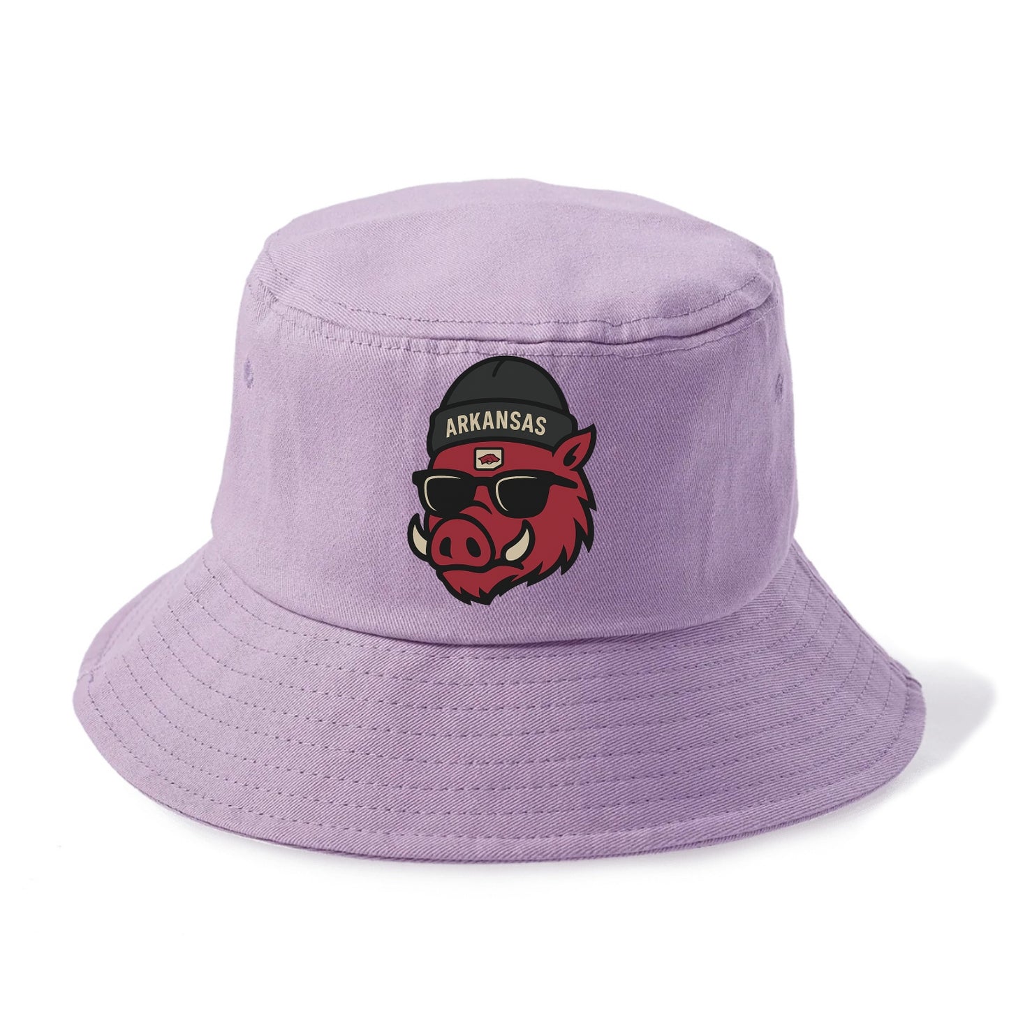 Fayetteville Razorback wearing Arkansas beanie with hog patch - Bucket Hat - Purple