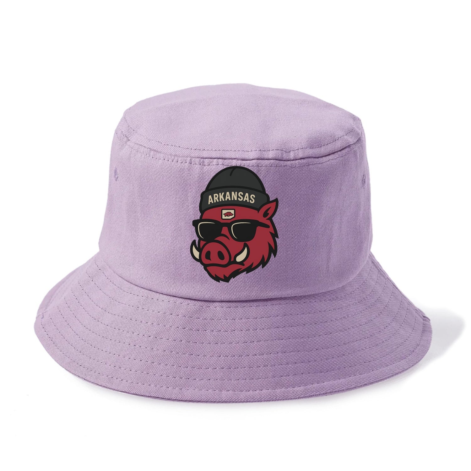 Fayetteville Razorback wearing Arkansas beanie with hog patch - Bucket Hat - Purple
