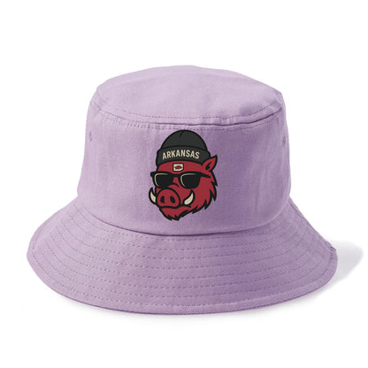Fayetteville Razorback wearing Arkansas beanie with hog patch - Bucket Hat - Purple