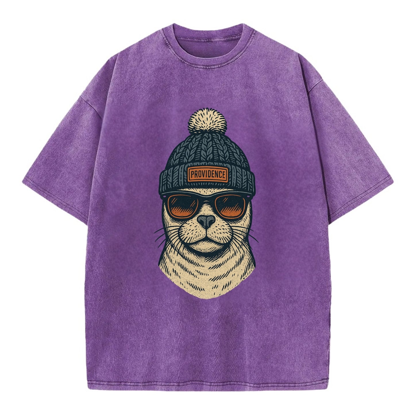 Rhode Island Harbor Seal wearing Providence beanie with pom pom and wayfarer - Vintage T-shirt - Purple