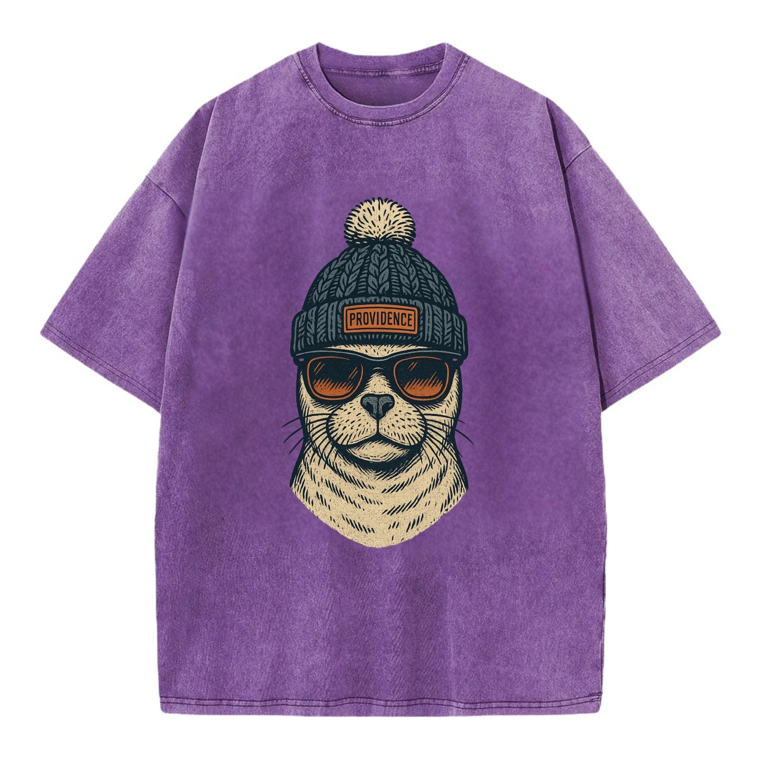 Rhode Island Harbor Seal wearing Providence beanie with pom pom and wayfarer - Vintage T-shirt - Purple