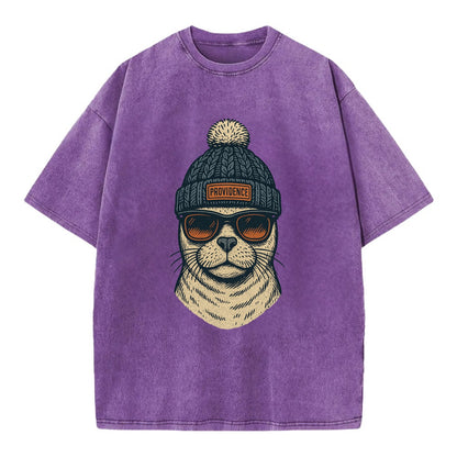 Rhode Island Harbor Seal wearing Providence beanie with pom pom and wayfarer - Vintage T-shirt - Purple