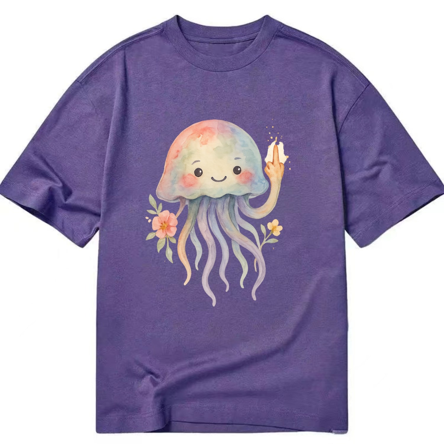 jellyfish with kawaii face and tentacles, one tentacle pointing up defiantly - Classic T-shirt - Purple