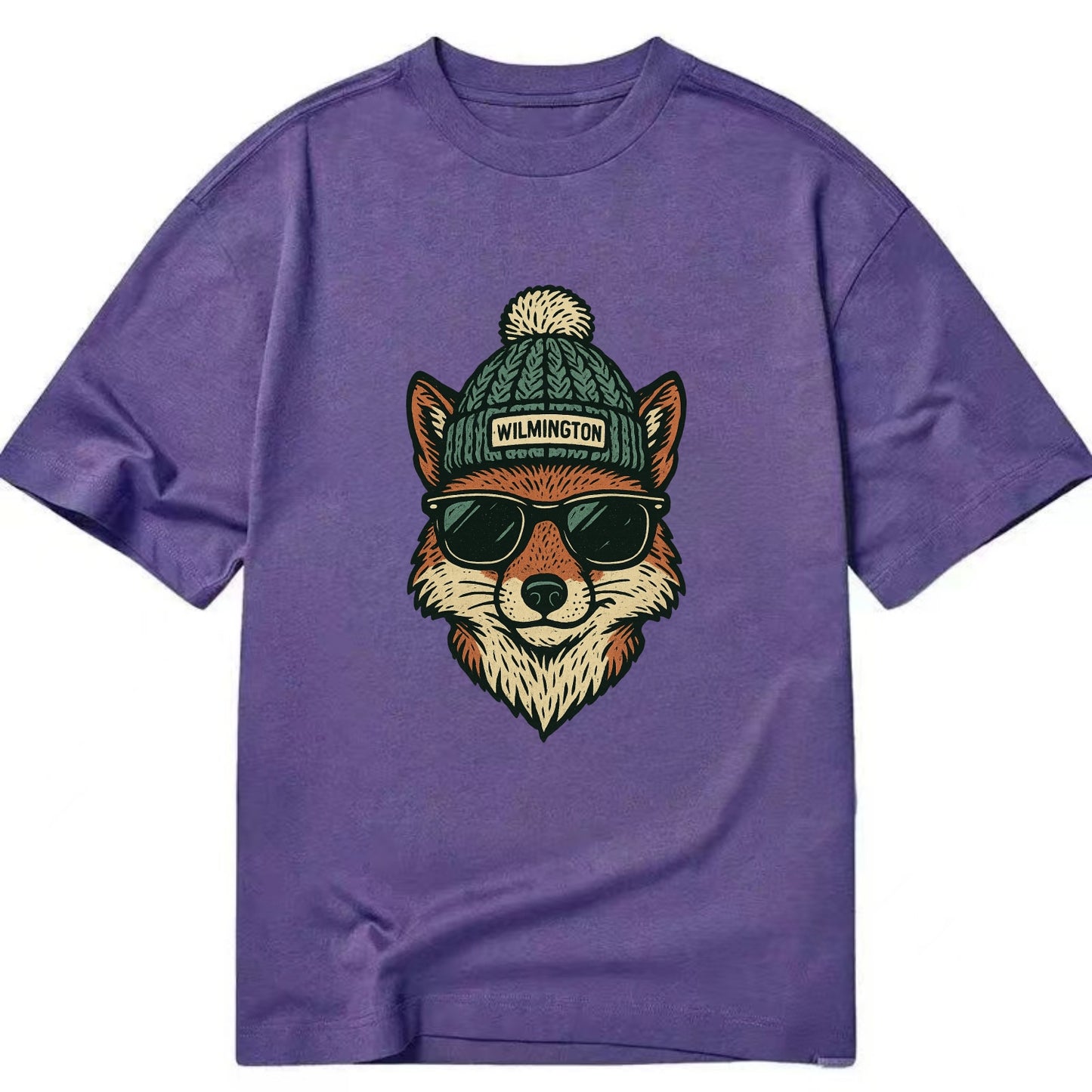 Delaware Gray Fox wearing Wilmington beanie with pom pom and wayfarer sunglasses - Classic T-shirt - Purple