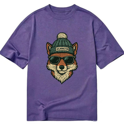 Delaware Gray Fox wearing Wilmington beanie with pom pom and wayfarer sunglasses - Classic T-shirt - Purple