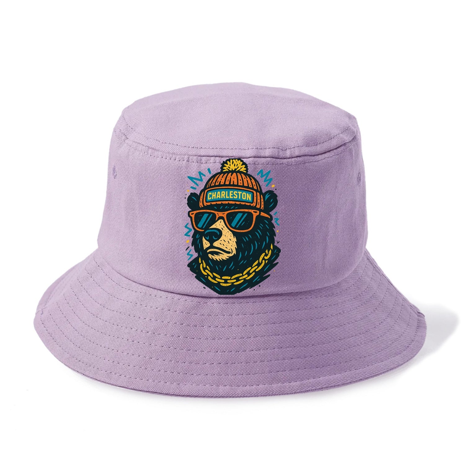West Virginia Black Bear wearing Charleston beanie with pom pom and wayfarer sunglasses - Bucket Hat - Purple