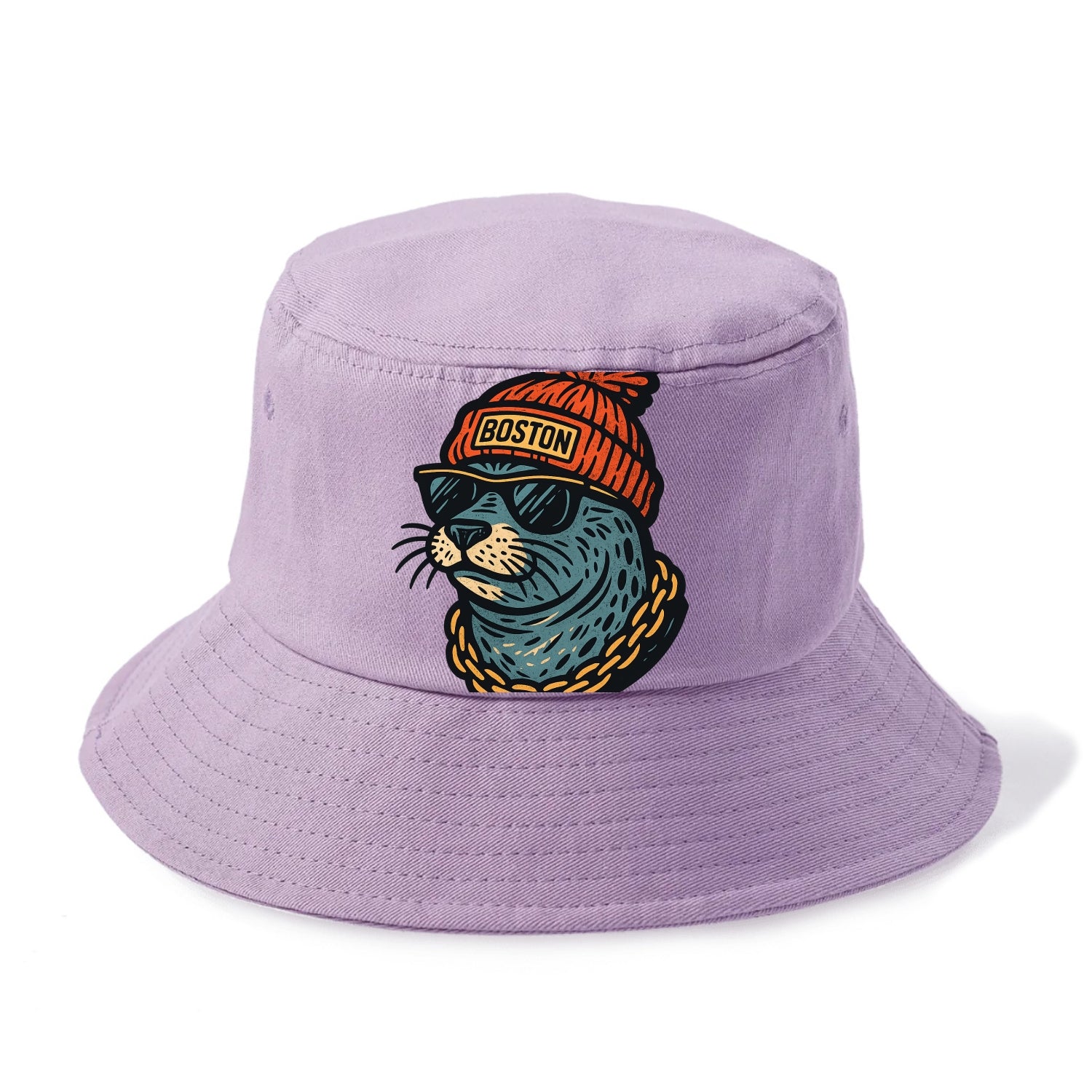 Boston Harbor Seal wearing Boston beanie with pom pom and wayfarer sunglasses - Bucket Hat - Purple