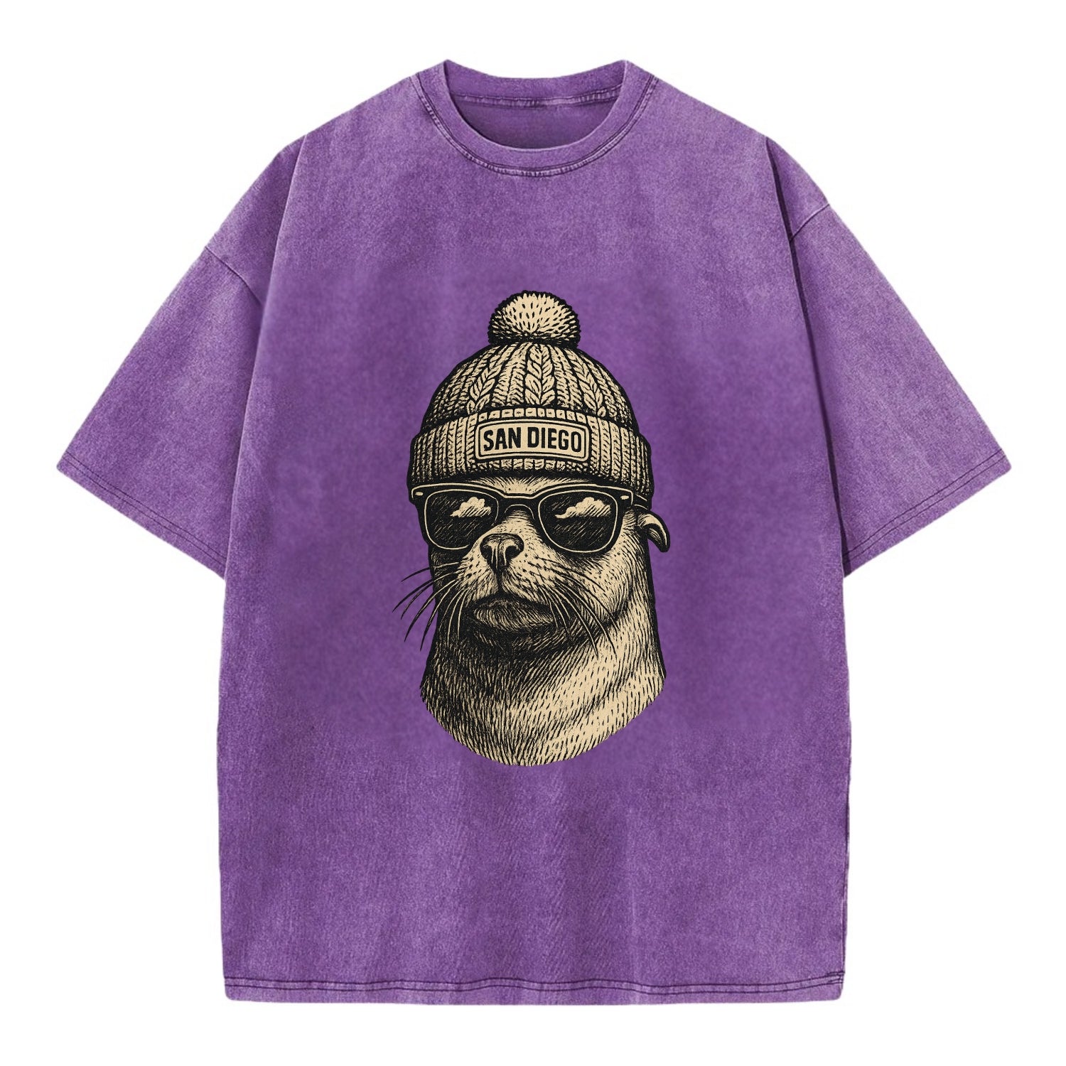 San Diego Sea Lion wearing San Diego beanie with pom pom and wayfarer sunglasses - Vintage T-shirt - Purple
