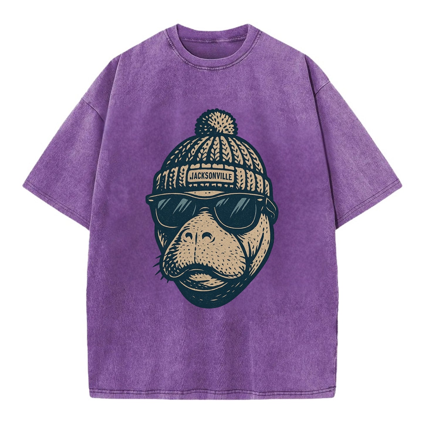 Jacksonville Manatee wearing Jacksonville beanie with pom pom and wayfarer - Vintage T-shirt - Purple