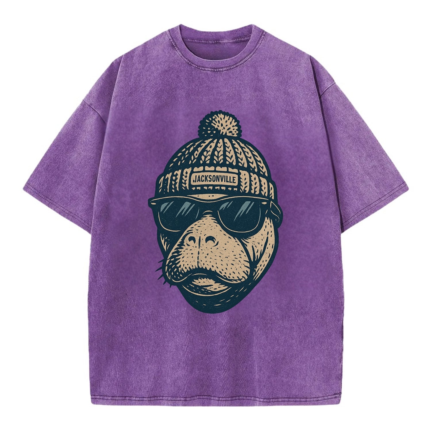 Jacksonville Manatee wearing Jacksonville beanie with pom pom and wayfarer - Vintage T-shirt - Purple