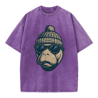 Jacksonville Manatee wearing Jacksonville beanie with pom pom and wayfarer - Vintage T-shirt - Purple
