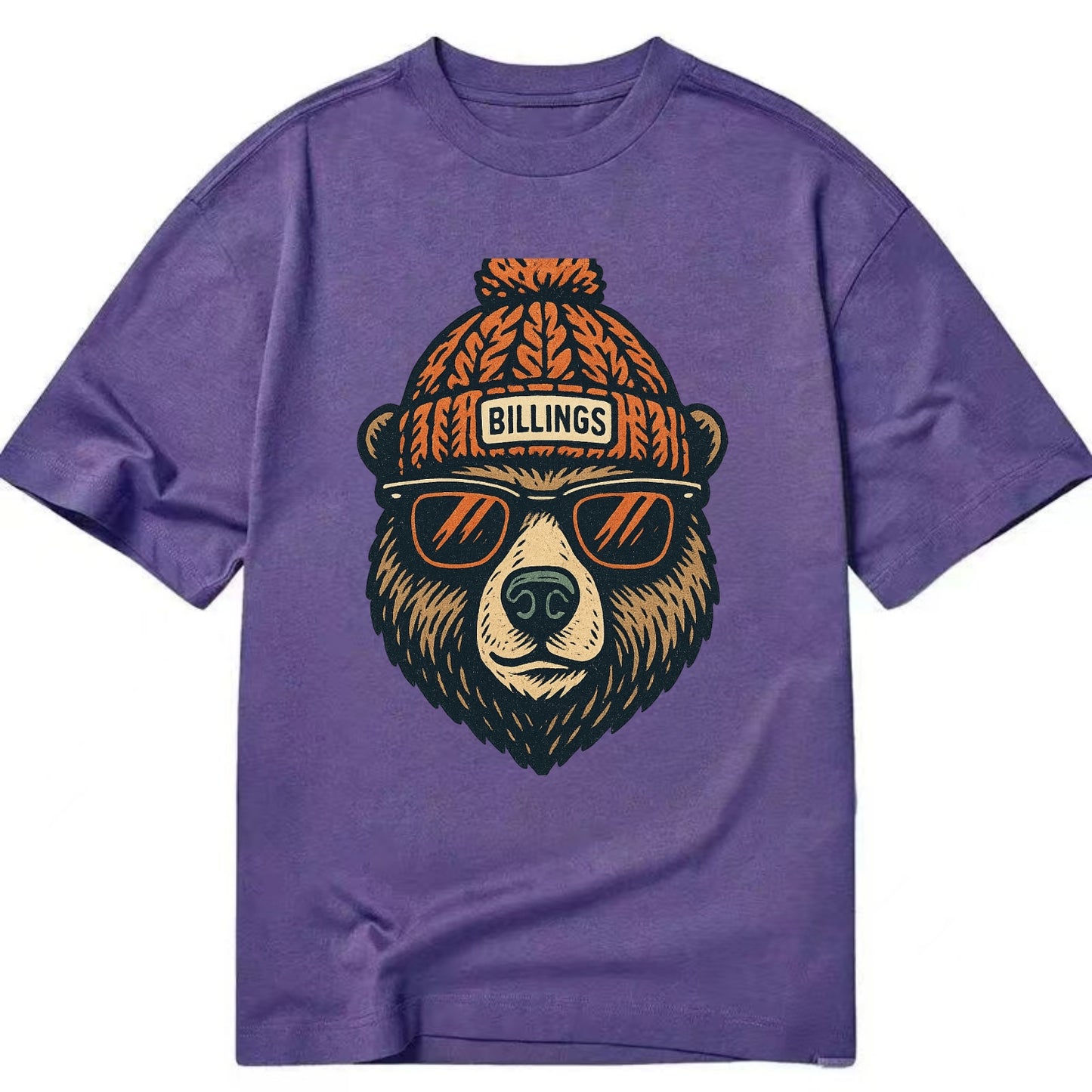 Montana Grizzly Bear wearing Billings beanie with pom pom and wayfarer sunglasses - Classic T-shirt - Purple