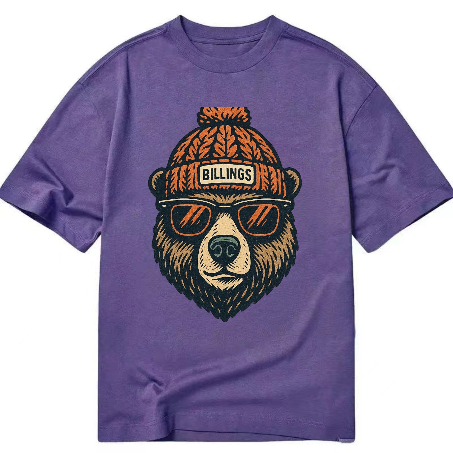 Montana Grizzly Bear wearing Billings beanie with pom pom and wayfarer sunglasses - Classic T-shirt - Purple