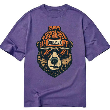Montana Grizzly Bear wearing Billings beanie with pom pom and wayfarer sunglasses - Classic T-shirt - Purple