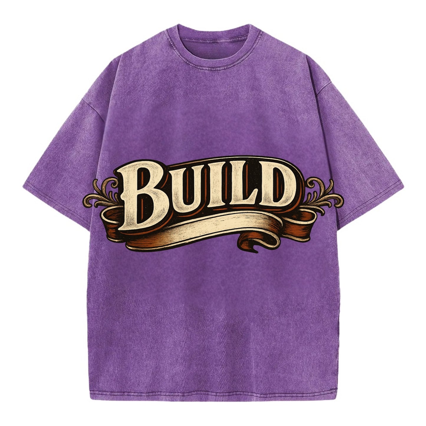 Bold typography design - "BUILD" - constructing, making real - Vintage T-shirt - Purple