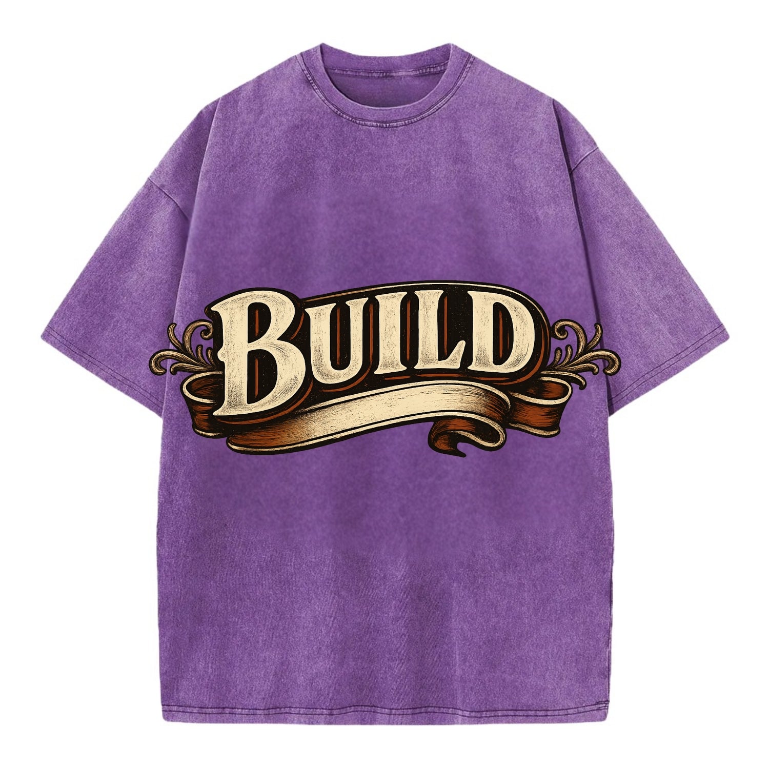 Bold typography design - "BUILD" - constructing, making real - Vintage T-shirt - Purple