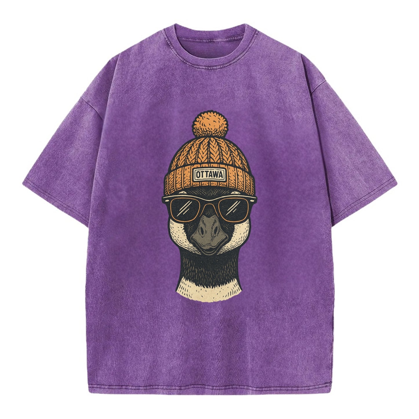 Ottawa Canadian Goose wearing Ottawa beanie with pom pom and wayfarer sunglasses - Vintage T-shirt - Purple