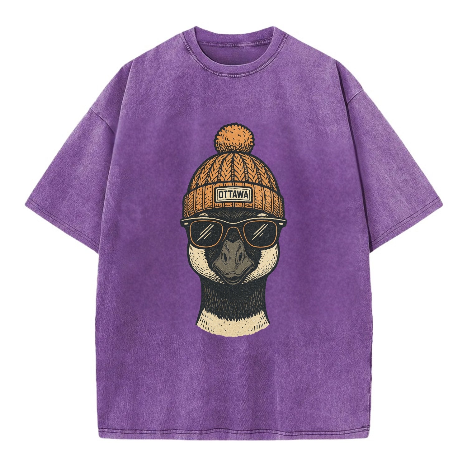 Ottawa Canadian Goose wearing Ottawa beanie with pom pom and wayfarer sunglasses - Vintage T-shirt - Purple