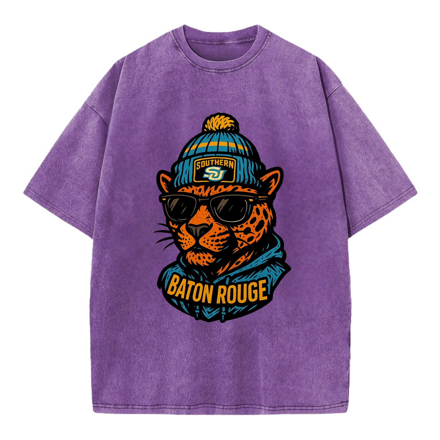 Baton Rouge Jaguar wearing Southern beanie with SU patch - Vintage T-shirt - Purple