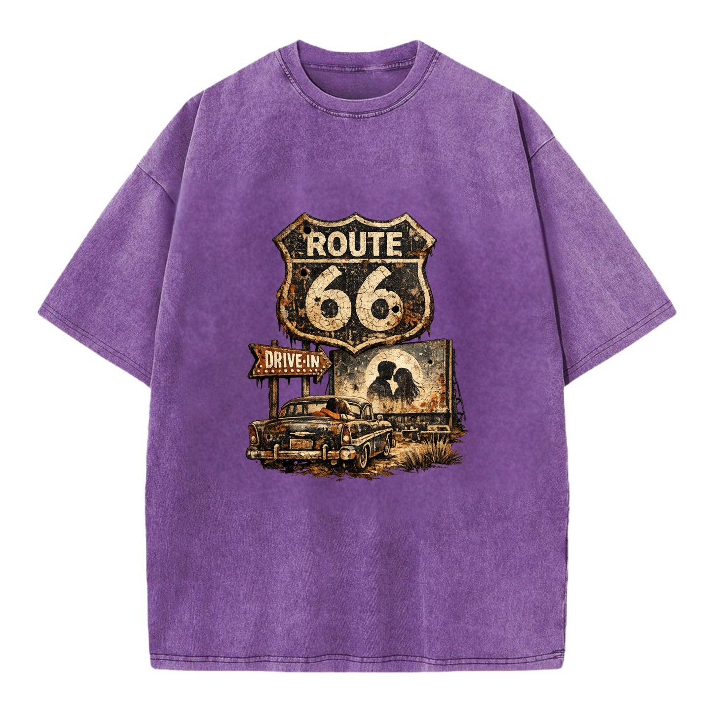 DRIVE-IN | Classic car at drive-in theater | Movie night romance | Americana - Vintage T-shirt - Purple
