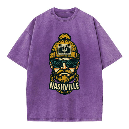 Nashville Commodore wearing Vanderbilt beanie with anchor patch - Vintage T-shirt - Purple