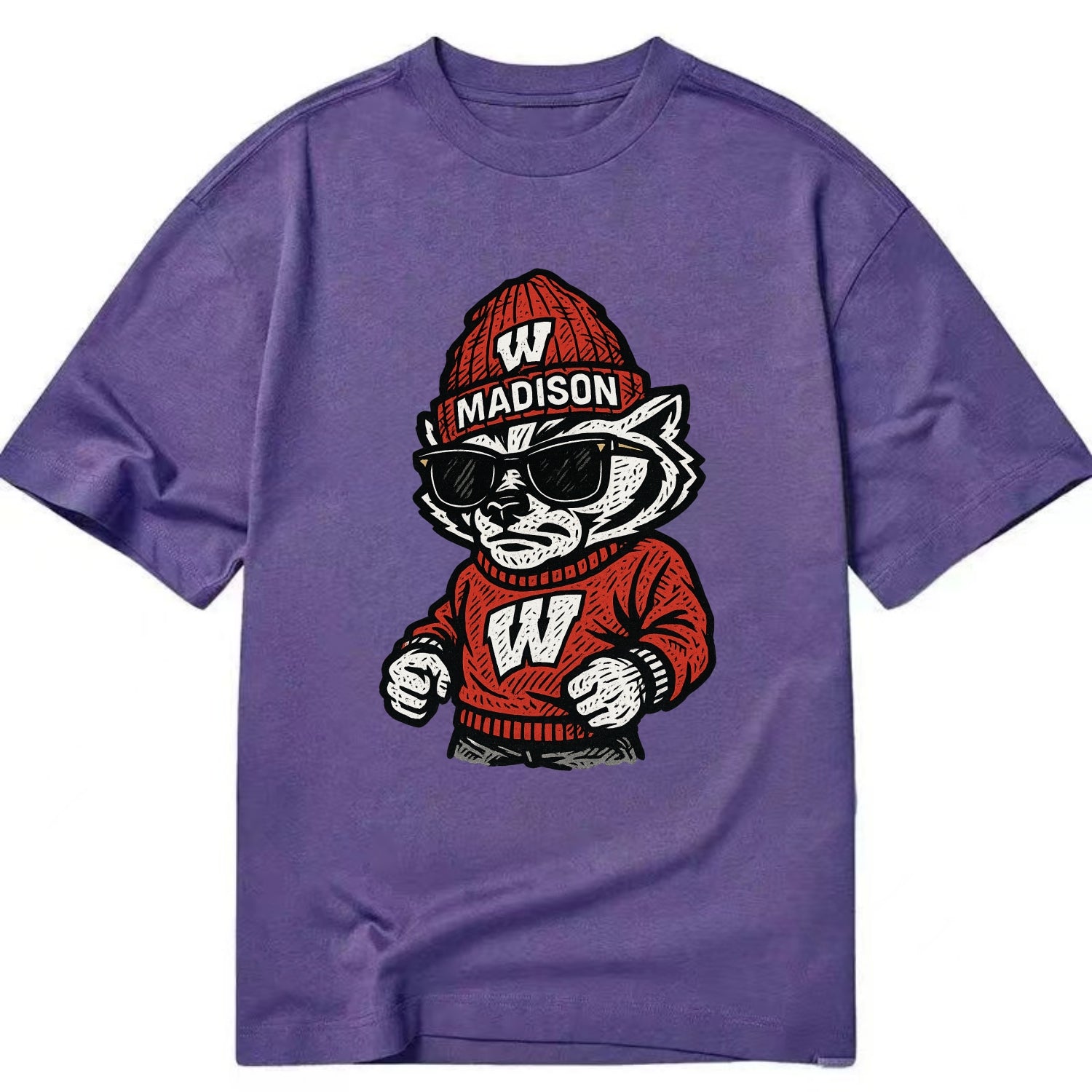 Madison Badger wearing Wisconsin beanie with motion W patch - Classic T-shirt - Purple