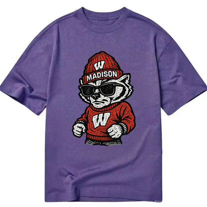 Madison Badger wearing Wisconsin beanie with motion W patch - Classic T-shirt - Purple