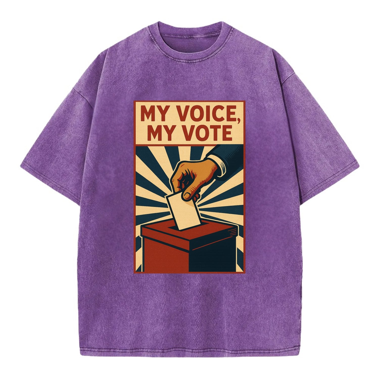 Hand dropping ballot into box with determination - "My Voice, My Vote" - - Vintage T-shirt - Purple