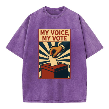 Hand dropping ballot into box with determination - "My Voice, My Vote" - - Vintage T-shirt - Purple