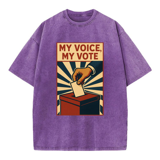 Hand dropping ballot into box with determination - "My Voice, My Vote" - - Vintage T-shirt - Purple
