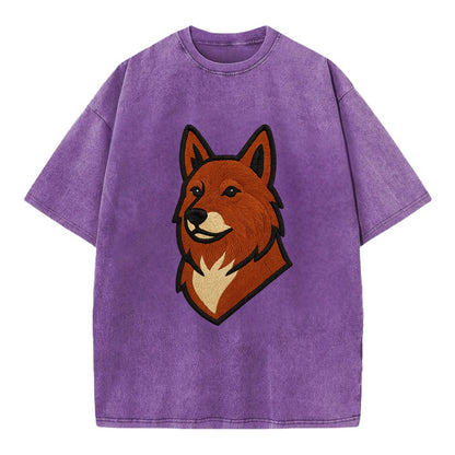 Finnish Spitz - Fox-red pointed ears embroidered pose - Vintage T-shirt - Purple