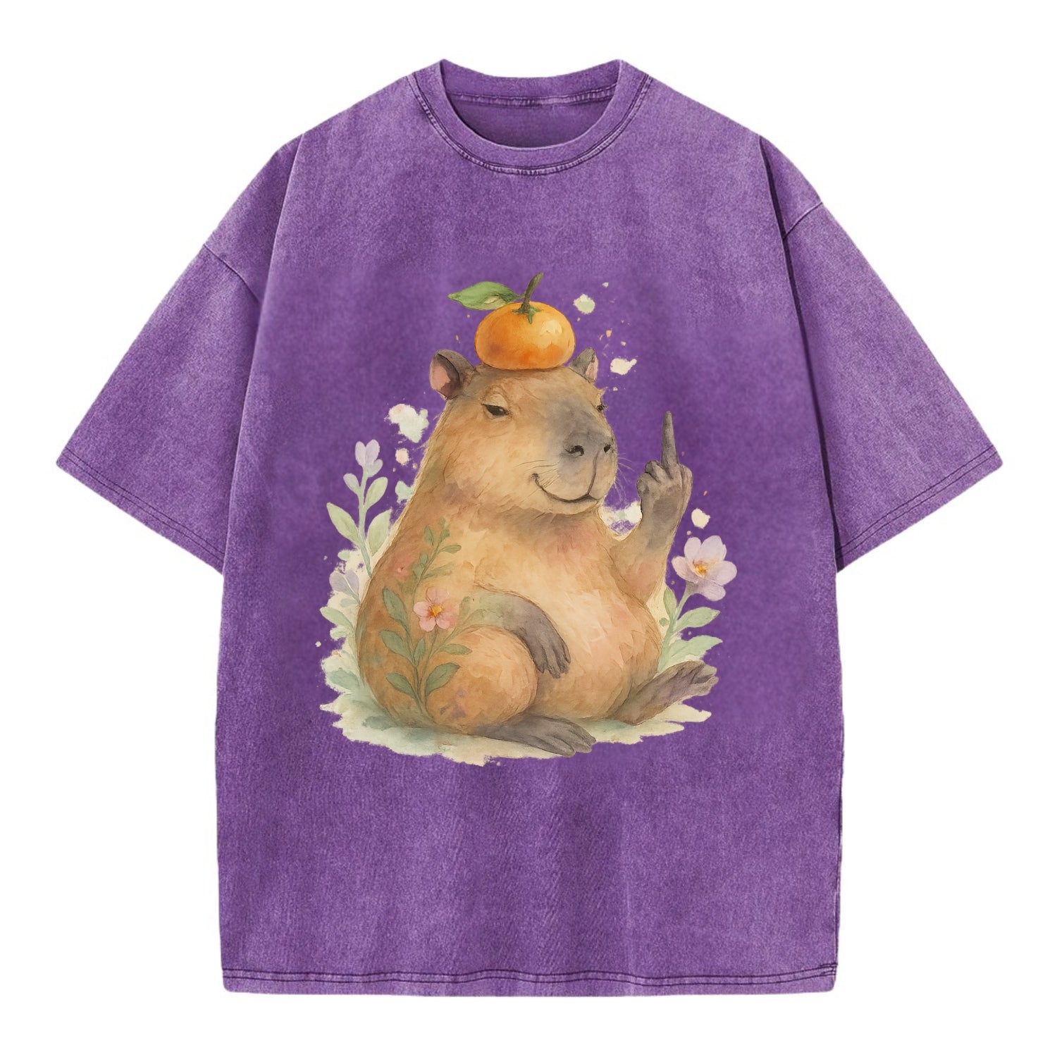 chonky capybara relaxing with orange on head, one webbed middle finger up - Vintage T-shirt - Purple