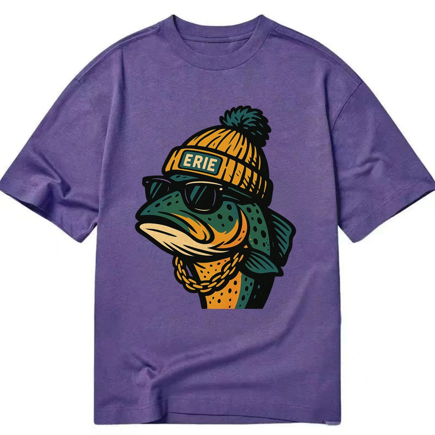 Erie Lake Trout wearing Erie beanie with pom pom and wayfarer sunglasses - Classic T-shirt - Purple