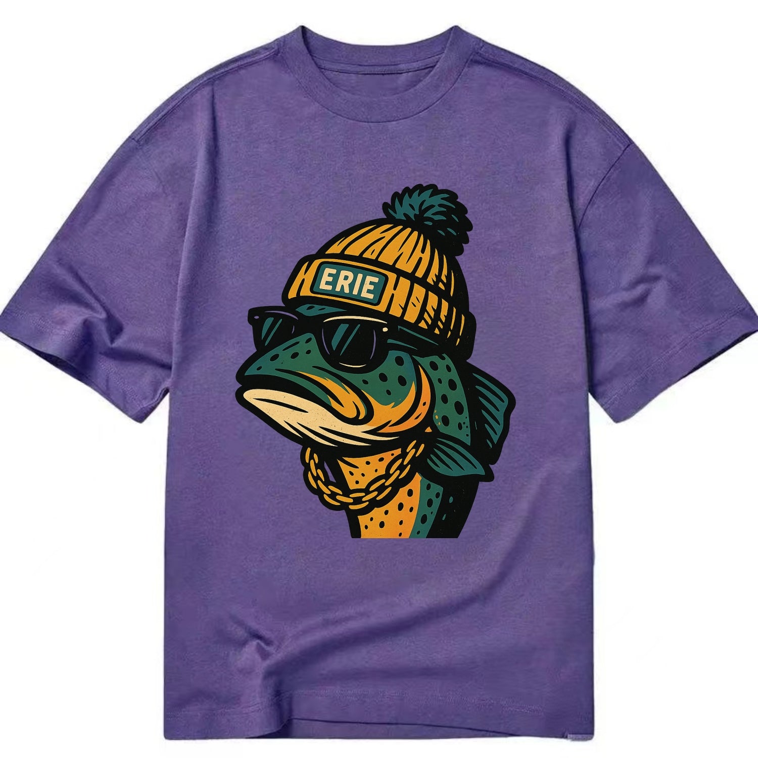 Erie Lake Trout wearing Erie beanie with pom pom and wayfarer sunglasses - Classic T-shirt - Purple