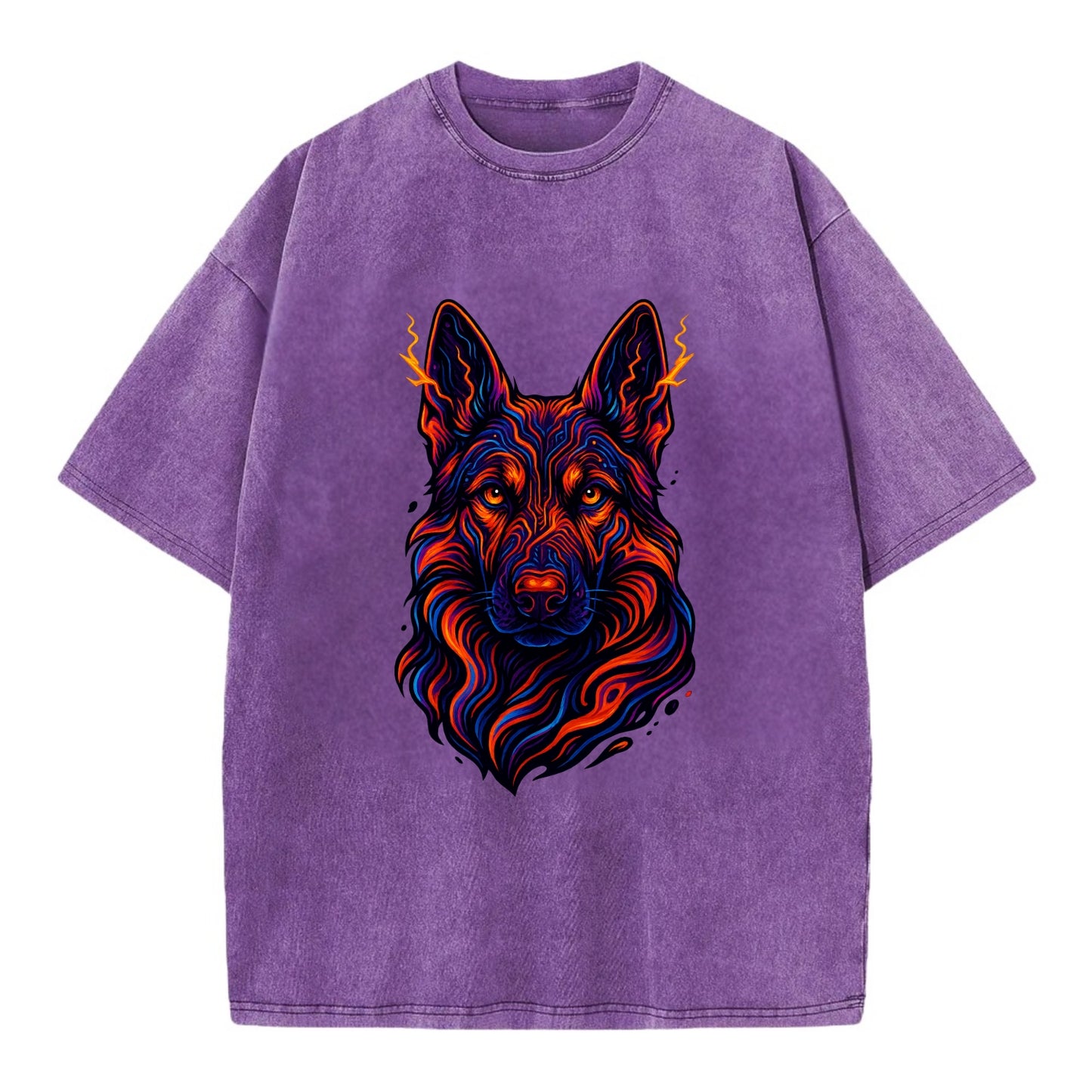 Alert German Shepherd with cyber circuit patterns in the fur, neon orange and - Vintage T-shirt - Purple