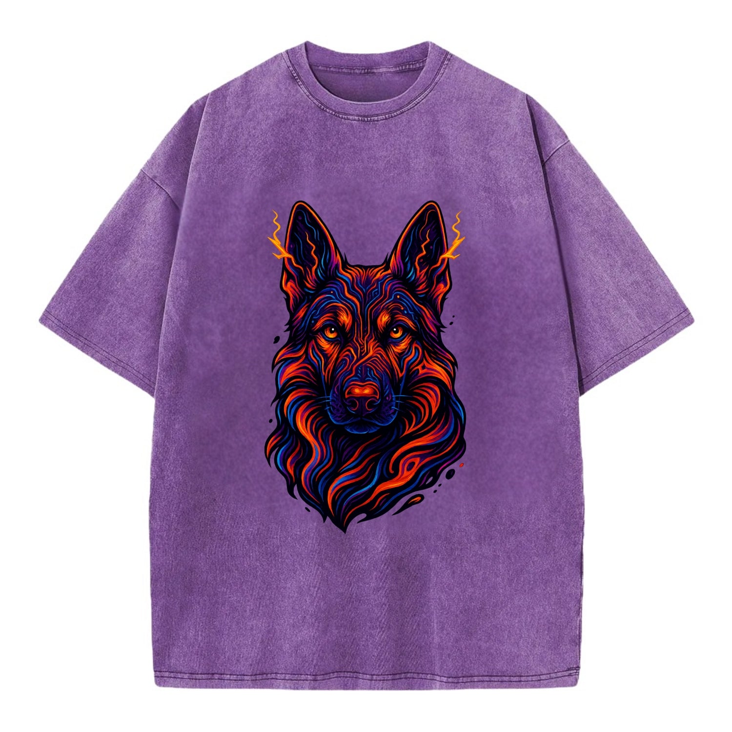 Alert German Shepherd with cyber circuit patterns in the fur, neon orange and - Vintage T-shirt - Purple