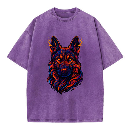 Alert German Shepherd with cyber circuit patterns in the fur, neon orange and - Vintage T-shirt - Purple