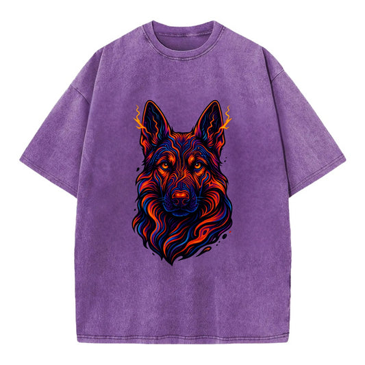 Alert German Shepherd with cyber circuit patterns in the fur, neon orange and - Vintage T-shirt - Purple