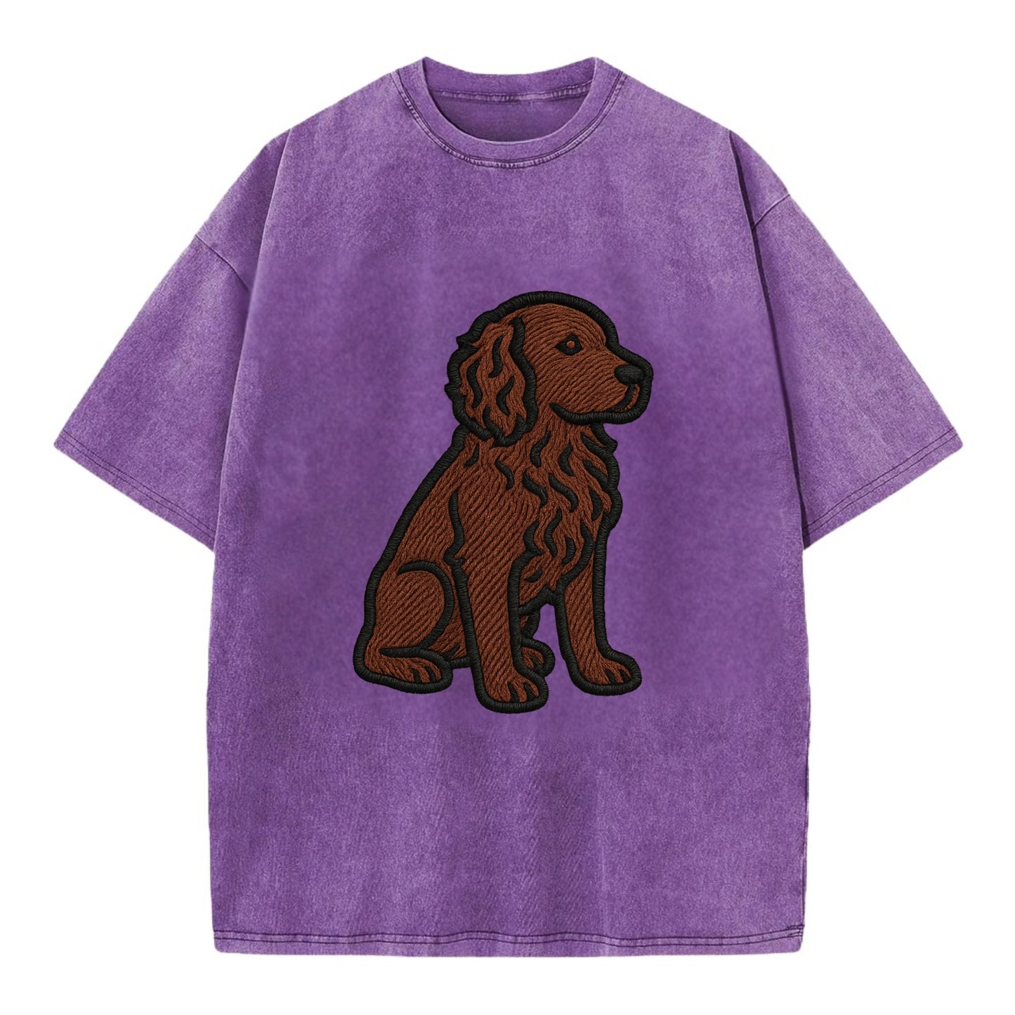 Boykin Spaniel - Rich chocolate brown wavy coat embroidered sitting pose - Vintage T-shirt - Purple