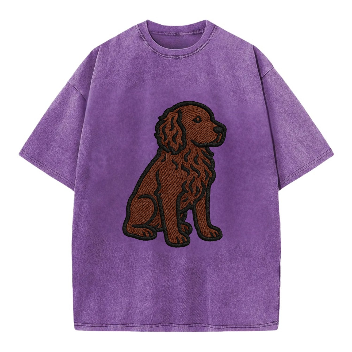 Boykin Spaniel - Rich chocolate brown wavy coat embroidered sitting pose - Vintage T-shirt - Purple