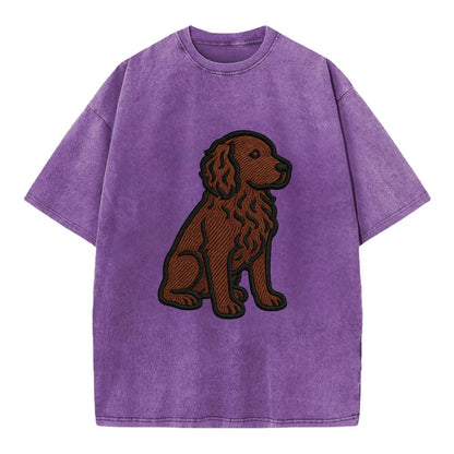 Boykin Spaniel - Rich chocolate brown wavy coat embroidered sitting pose - Vintage T-shirt - Purple