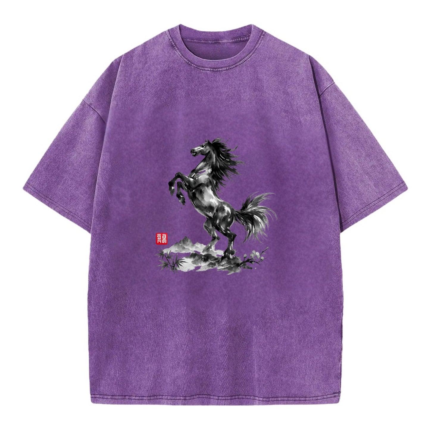 WILD STALLION | Powerful stallion rearing up | Windswept mane and tail | Mountain - Vintage T-shirt - Purple
