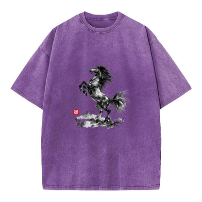 WILD STALLION | Powerful stallion rearing up | Windswept mane and tail | Mountain - Vintage T-shirt - Purple