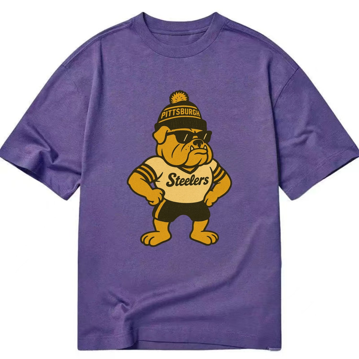 Pittsburgh Bulldog wearing Steelers black and gold beanie with pom pom and - Classic T-shirt - Purple