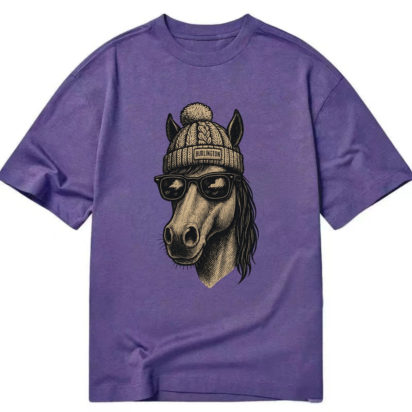 Vermont Morgan Horse wearing Burlington beanie with pom pom and wayfarer - Classic T-shirt - Purple